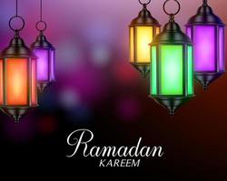 ramadan-hintergrund mit bunten laternen oder fanous- und ramadan-kareem-grüßen. vektor