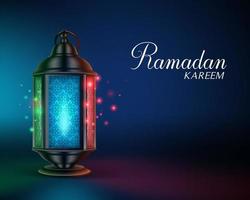 ramadan-laterne oder fanous mit lichtern und ramadan-kareem-grüßen in einem bunten nachthintergrund. vektor