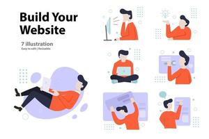 webbutveckling illustration koncept. en samling scener av män som är involverade i mjukvara eller webbutveckling. vektor illustration