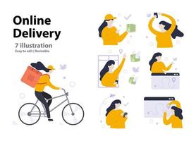 online leverans koncept. samling scener av kvinnor i gula skjortor som ägnar sig åt onlineleverans. vektor illustration