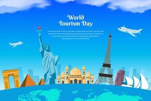 welttourismustag design mit berühmten wahrzeichen der welt. Freiheitsstatue, Eiffelturm, Taj Mahal, Pyramide, Opernhaus von Sydney, Arc de Triomphe, Denkmal, Moai-Statue vektor