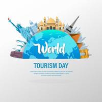 Welttourismus-Tageshintergrund mit Globus und berühmten Wahrzeichen der Welt. Freiheitsstatue, Eiffelturm, Taj Mahal, Pyramide, Opernhaus von Sydney, Arc de Triomphe, Denkmal, Moai-Statue vektor