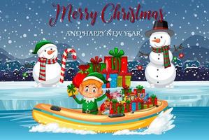frohes weihnachtsplakat mit elfen, die geschenke per boot liefern vektor