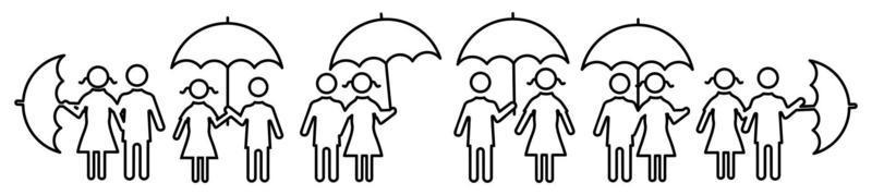 man och kvinna med paraplyikonuppsättning, manliga och kvinnliga under regnet i olika poser vektor