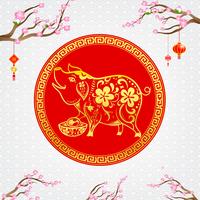 Kinesisk samtida modern konst röd och gyllene linje leende gris 002