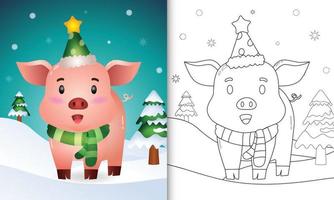 målarbok med en söt gris jul karaktärer samling med en hatt och halsduk vektor