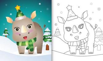 målarbok med en söt noshörning jul karaktärer samling med en hatt och halsduk vektor