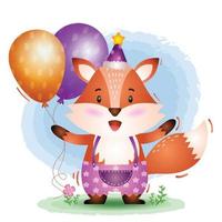 ein süßer fuchs mit geburtstagshut und ballon hält vektor