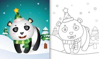 målarbok med en söt panda jul karaktärer samling med en hatt och halsduk vektor