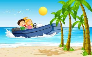Strandlandschaft mit Kindern in einem Motorboot vektor