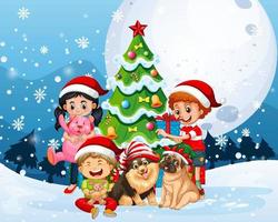 Schneefallszene mit Kindern und Hunden im Weihnachtsthema vektor