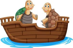 Schildkröten auf Holzboot im Cartoon-Stil vektor