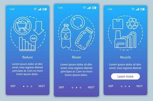 avfallshantering onboarding mobil app sida skärm vektor mall. noll avfall, reducera, återanvänd, återvinn genomgångssteg på webbplatsen med linjära illustrationer. ux, ui, gui smartphone gränssnitt koncept