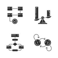 Diagrammkonzepte Glyphensymbole festgelegt. Aktivität, Vergleich, Fluss, Zustandsdiagramme. Daten- und Prozessvisualisierung. Informationen symbolische Darstellung. Silhouettensymbole. vektor isolierte illustration