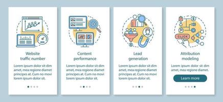 Vorteile des digitalen Marketings beim Onboarding mobiler App-Seitenbildschirme mit linearen Konzepten. Lead-Generierung, Web-Traffic-Walkthrough-Schritte, grafische Anweisungen. ux, ui, gui-vektorvorlage mit illustrationen vektor