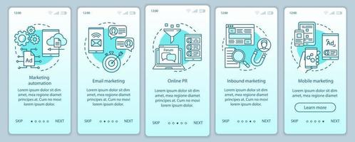 digital marknadsföring taktik turkos onboarding mobil app sida skärm vektor mall. reklamkampanj genomgång av webbplatssteg med linjära illustrationer. ux, ui, gui smartphone gränssnitt koncept