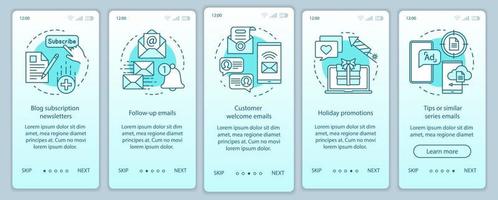 E-Mail-Marketing-Türkis-Onboarding-Bildschirm-Vektorvorlage für mobile App-Seiten. geschäftsstrategie-walkthrough-website-schritte mit linearen illustrationen. ux, ui, gui smartphone-schnittstellenkonzept vektor