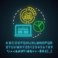 Infografiken Neonlicht-Symbol. Kanäle für SEO. digitale Marketinganalyse. Conversion-Metriken. smm-Datenstatistik. leuchtendes zeichen mit alphabet, zahlen und symbolen. vektor isolierte illustration