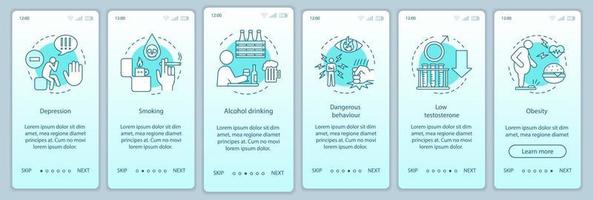 Gesundheitsrisikofaktoren für Männer beim Onboarding der Bildschirmvektorvorlage für die mobile App-Seite. Rauchen, Fettleibigkeit, Alkohol. Walkthrough-Website-Schritte mit linearen Illustrationen. ux, ui, gui Smartphone-Schnittstellenkonzept vektor