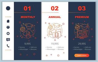 pedagogiska prenumerationspriser på mobilappskärmar. e-lärande. utbildning online. genomgång webbsidor vektor mallar. tariffplan. medlemskap betalning smartphone webbsida layout