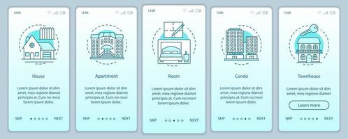egendom onboarding mobil app sidskärm med linjära koncept. hus, lägenhet, rum, lägenhet, radhus blå genomgångssteg grafiska instruktioner. ux, ui, gui vektormall med illustrationer vektor