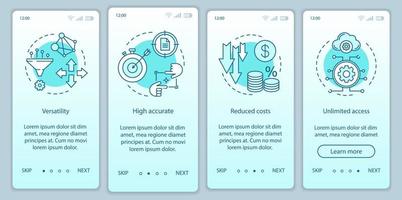 Vorteile von Technologien beim Onboarding mobiler App-Seitenbildschirme mit linearen Konzepten. Vielseitigkeit, genaue, frei zugängliche Walkthrough-Schritte mit grafischen Anweisungen. ux, ui, gui-vektorvorlage mit illustration vektor