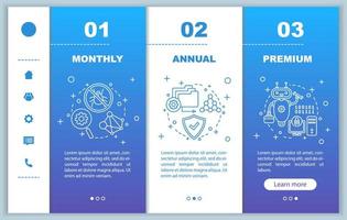 prenumerationsavgift för antivirusprogram på mobilappskärmar med priser. mallar för genomgångswebbsidor. digitala, cybersäkerhetsprogram tariffer planer, priser steg. smartphone betalning vektor