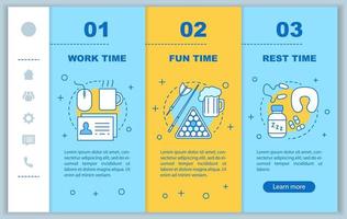 Zeitmanagement beim Onboarding mobiler Webseiten Vektorvorlage. reaktionsschnelle smartphone-website-schnittstellenidee mit linearen illustrationen. Ruhe, Spaß Zeit Webseiten Walkthrough Schrittbildschirme. Farbkonzept vektor