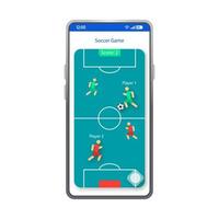 Vektorvorlage für die Smartphone-Schnittstelle der Fußballspiel-App. weißes designlayout der mobilen app-seite. Bildschirm für Fußballspielturniere. flache Benutzeroberfläche für Fußballanwendungen. Sportfeld-Telefonanzeige