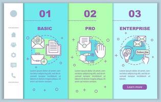 e-postmarknadsföring prenumeration onboarding mobila webbsidor vektor mall. pro tariff. responsiv smartphone webbplats gränssnitt idé, linjär illustration. webbsida genomgång steg skärmar. färg koncept