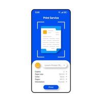 Druckdienst-Smartphone-Schnittstellenvektorvorlage. mobile App-Seite blau, weißes Design-Layout. Remote-Druckerverwaltungsbildschirm. flache Benutzeroberfläche für die Anwendung. Dokumentendruck. Typografie. Telefonanzeige vektor