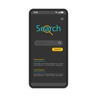 smartphone sökmotor gränssnitt vektor mall. mobil app sida svart design layout. webbläsarens skärm. platt UI för applikation. www. telefondisplay med sökfält