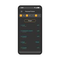 Trainings-App-Smartphone-Schnittstellenvektorvorlage. Mobile Fitness-Anwendungsseite schwarzes Design-Layout. Sport-Tracker-Bildschirm. personal trainer flach ui. telefonanzeige mit körperlichen übungstypen vektor