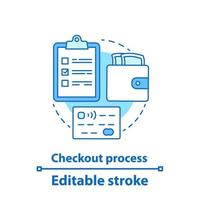 Symbol für das Konzept des Checkout-Prozesses. Onlinebezahlung. digitaler Kauf. E-Zahlung. Idee dünne Linie Abbildung. Einkaufen. Vektor isoliert Umrisszeichnung. editierbarer Strich