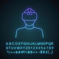 Symbol für Neonlicht des Virtual-Reality-Players. VR-Player. mann mit vr-maske, brille, headset. leuchtendes zeichen mit alphabet, zahlen und symbolen. vektor isolierte illustration