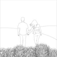 Schönes Paar im Park, Umrissillustration der Paarcharaktere auf weißem Hintergrund, Vektorillustration für Valentinstagsprojekte. vektor