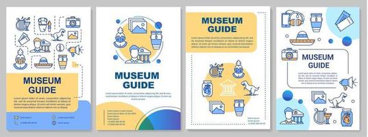 museum guide broschyr mall. utställningsguidebok. flygblad, häfte, broschyrtryck, omslagsdesign med linjära ikoner. vektor sidlayouter för tidskrifter, årsredovisningar, reklamaffischer