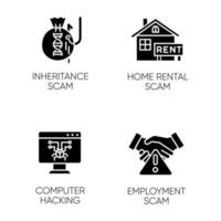 Glyphensymbole für Betrugstypen festgelegt. erbschaft, betrügerisches programm zur vermietung von wohnungen. Computerhacking. Arbeitsbetrug. Cyberkriminalität. Finanzbetrug. Silhouettensymbole. vektor isolierte illustration