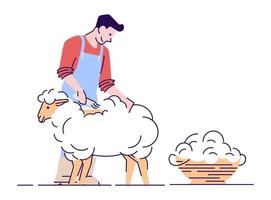 Bauer, der Schafe schert, flacher Vektorcharakter. Wollproduktion. Viehwirtschaft, Tierhaltungskonzept mit Gliederung. männlicher scherer, der merinowolle-karikaturillustration lokalisiert auf weiß schneidet vektor