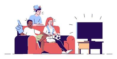 vänner tittar på spel på TV platt vektorillustration. sportfans, lagsupportrar som bär fanshatt, halsduk som äter snacks isolerade seriefigurer med konturelement på vit bakgrund vektor