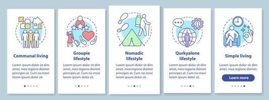 Lifestyle-Typen beim Onboarding auf dem Bildschirm der mobilen App-Seite mit linearen Konzepten. gemeinschaftliches leben, nomadisch, groupie lebensstil exemplarische schritte grafische anweisungen. ux, ui, gui-vektorvorlage mit symbolen vektor