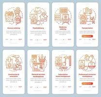 angebot und nachfrage beim onboarding von mobilen app-seitenbildschirm-vektorvorlagen eingestellt. Walkthrough-Website-Schritte für die kommerzielle Dienstleistungsbranche mit linearen Illustrationen. ux, ui, gui smartphone-schnittstellenkonzepte vektor