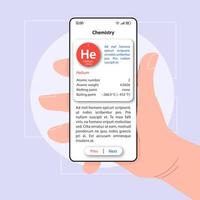 kemi studie smartphone gränssnitt vektor mall. mobil app sida vit design layout. skärm för kemiska egenskaper. platt UI för applikation. handhållen telefon med substansbeskrivning på displayen