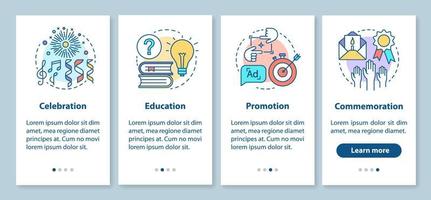 veranstaltungszwecke beim onboarding des mobilen app-seitenbildschirms mit linearen konzepten. feier, bildung, förderung, gedenken durch grafische anweisungen. ux, ui, gui-vektorvorlage mit illustrationen vektor