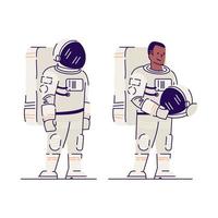 männlicher astronaut mit flacher vektorillustration des helms. lächelnder afroamerikanischer kosmonaut, weltraumforscher, der helm hält, isolierte zeichentrickfigur auf weißem hintergrund. weltraummission, erforschung des universums vektor