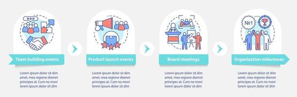 Corporate Event Management Services Vektor-Infografik-Vorlage. Teambuilding, Produkteinführungsveranstaltungen. Datenvisualisierung in vier Schritten. Diagramm der Prozesszeitleiste. Workflow-Layout mit linearen Symbolen vektor