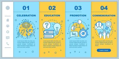 veranstaltungszwecke beim onboarding mobiler webseiten vektorvorlage. Feier, Bildung, Förderung, Gedenken. reaktionsschnelle smartphone-website-schnittstellenidee mit linearen illustrationen vektor