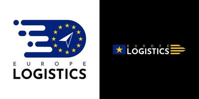 logotyp för europe logistics cargo. med euroflagga och stjärna. på blå, gula och vita färger. premium och lyx vektorillustration vektor