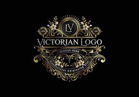 eleganz schwarz-goldene viktorianische logo-vorlage mit blumen- und blattverzierung vektor