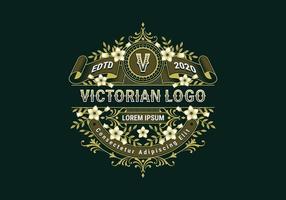 eleganz viktorianische logo-vorlage mit blumen- und blattverzierung vektor